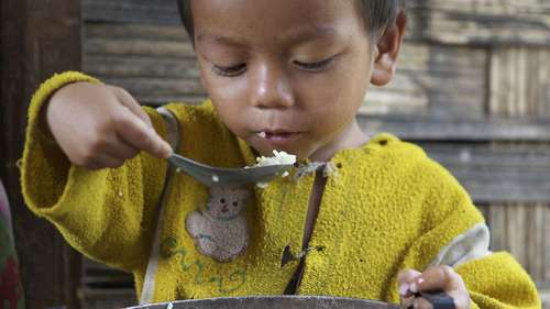 Regelmäßig spenden: Junge isst Reis aus einem Topf