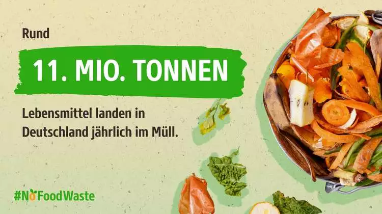 nfografik: Schalen und Reste von Obst, Gemüse und Salat, daneben der Text: Rund 11 Mio. Tonnen Lebensmittel landen in Deutschland jährlich im Müll. #NoFoodWaste
