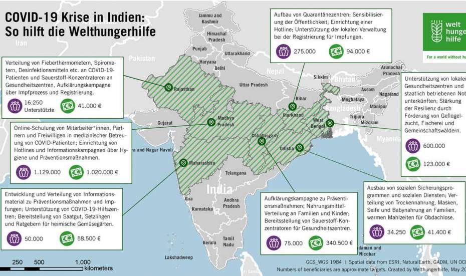 Landkarte von Indien, darauf grün markierte Regionen und kurze Bescheibungstexte der Aktivitäten der Welthungerhilfe.
