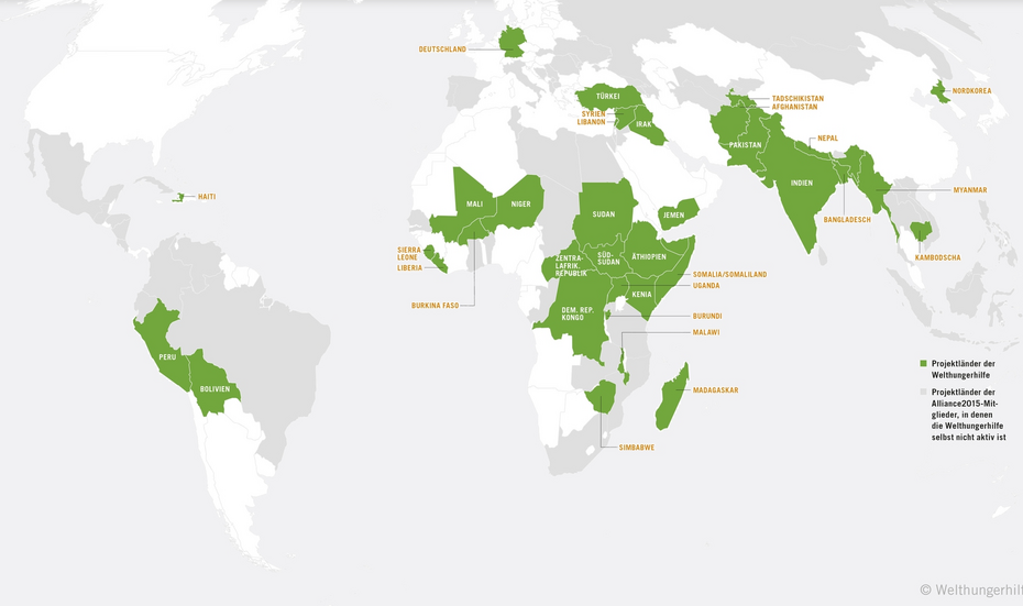 Landkarte mit grün markierten Projektländer der Welthungerhilfe.